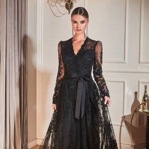 NEW LONG FORMAL V-NECK A-LINE GOWN EMBROIDERED WITH GLITTER FLORAL PRINT CD233